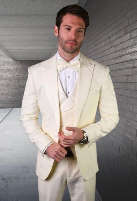 SKU#JA61573 Cream Suit - Ivory Tuxedo - Off White Paisley Su