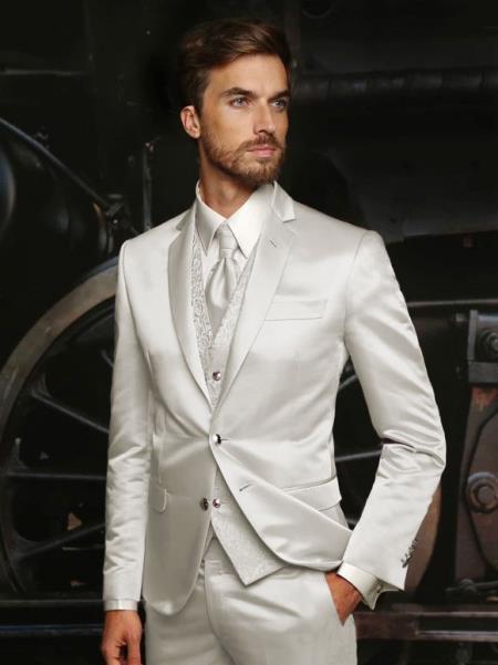 Mens Shiny Blazer - Off-White Sateen Vested Suit