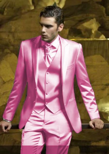 Mens Shiny Blazer - Light Pink Sateen Vested Suit