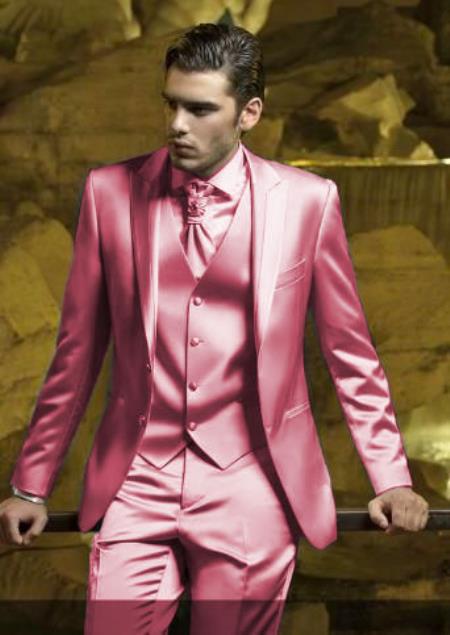 Mens Shiny Blazer - Rose Gold Sateen Vested Suit