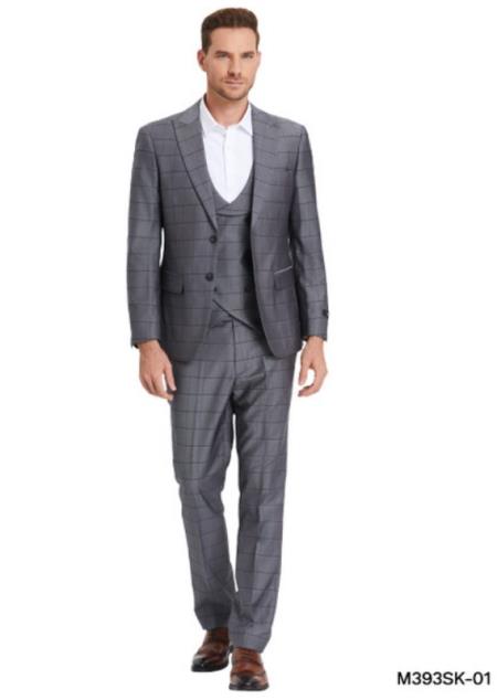Slim Suits - Windowpane Suit - Vested Plaid Suit - Gray
