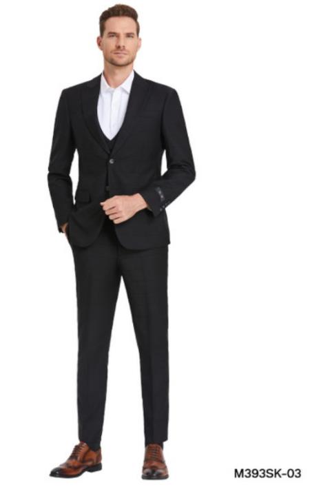 Slim Suits - Windowpane Suit - Vested Plaid Suit - Black