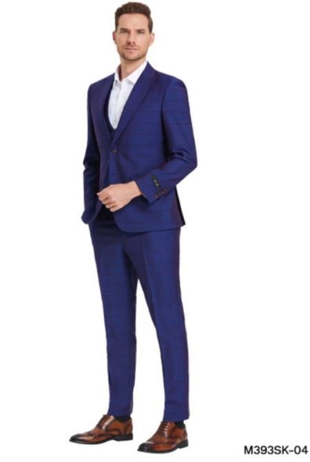 Slim Suits - Windowpane Suit - Vested Plaid Suit - Dark Blue