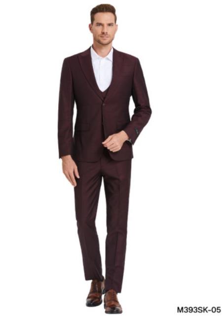 Slim Suits - Windowpane Suit - Vested Plaid Suit - Wine