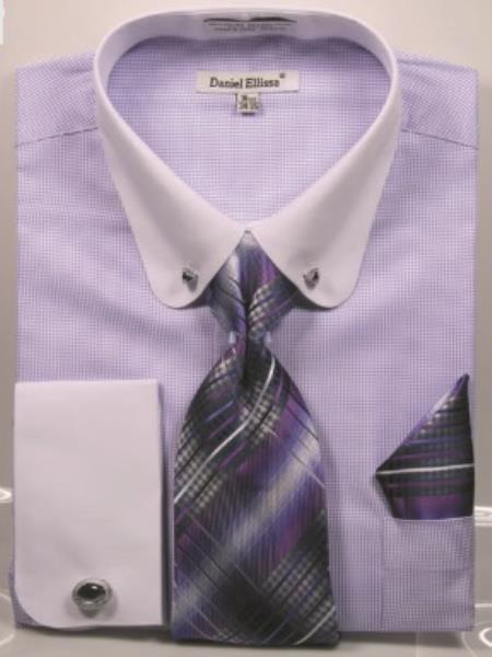 Lavender Pin Collar Dress Shirt With Collar Bar