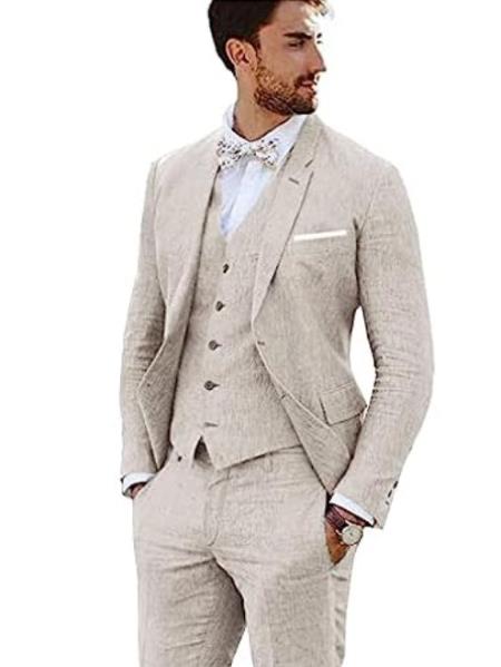 3 Piece Linen Suit - Beige Mens Suit - Vested summer Suit