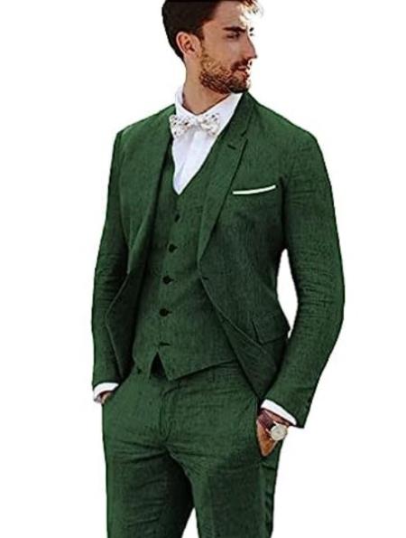3 Piece Linen Suit - Dark Green Mens Suit - Vested summer Suit