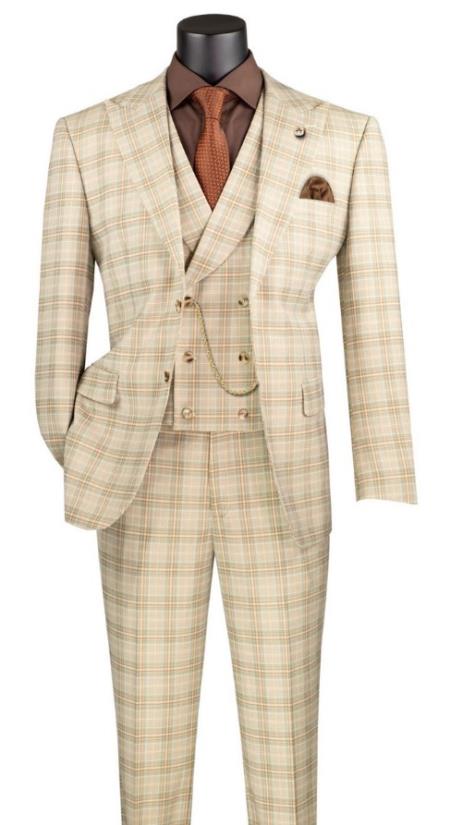 Khaki Plaid Suit - Vested Suit - 3 Piece Suits - Peak Lapel Suits - Windowpane Suit - 2 Button