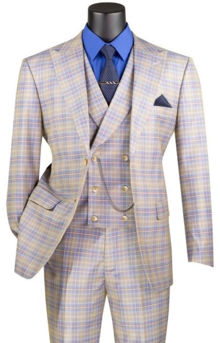 Blue Plaid Suit - Vested Suit - 3 Piece Suits - Peak Lapel Suits - Windowpane Suit - 2 Button