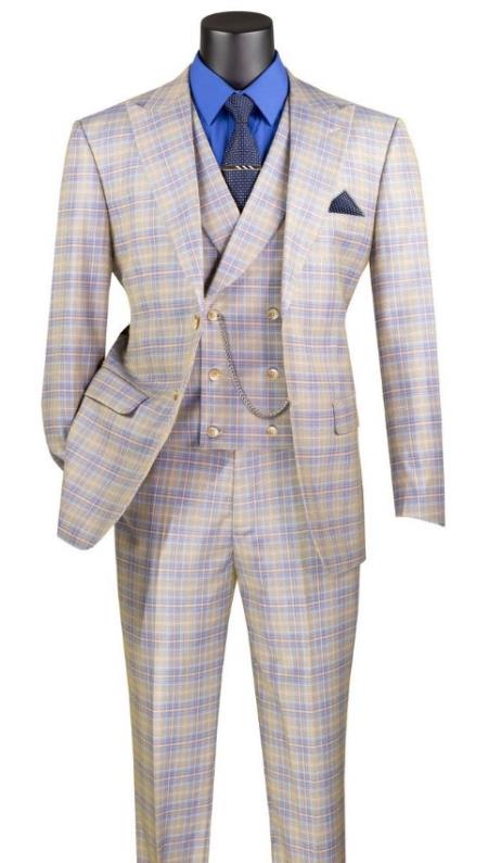 Plaid Suits - Windowpane Blue Suit - Peak Lapel Style