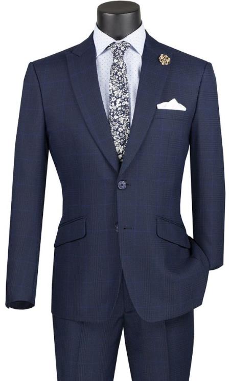 Plaid Suits - Windowpane Navy Suit - Peak Lapel Style