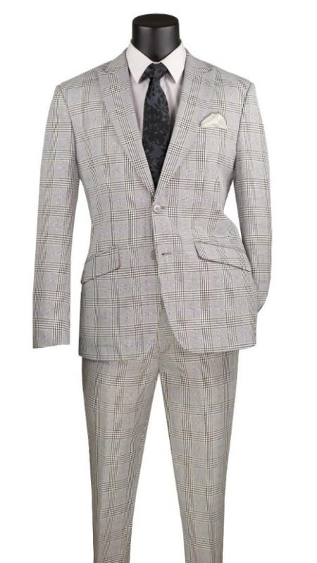 #JA63083 Plaid Suits - Windowpane Gray Suit - Peak Lapel Sty