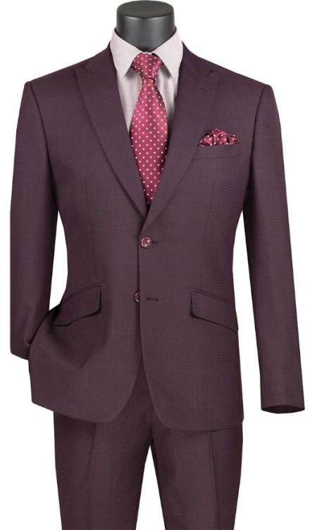Plaid Suits - Windowpane Burgundy Suit - Peak Lapel Style