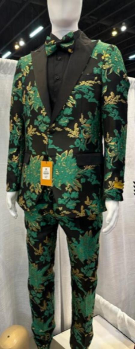 Green and Gold Paisley Suit - Emerald Green Tuxedo With Matching Bowtie