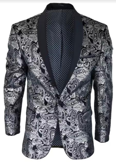#JA63230 Silver Paisley Suit - Floral Suit - Solid Black Pan