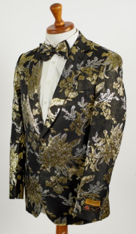Big and Tall Tuxedo Jacket - Black ~ Gold Paisley Floral Blazer