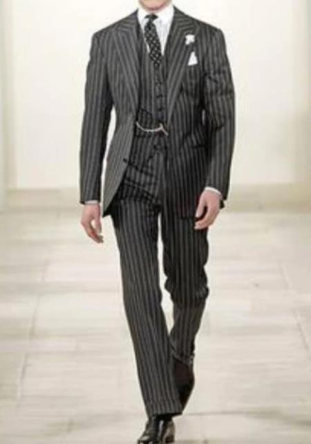 Mens Two Button Pinstripe Suit in Black and White