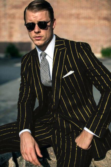 Mens Chalk Stripe Suit - Black and Gold Pinstripe Suit