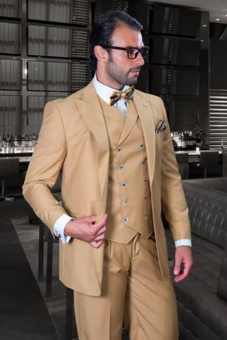 Classic Fit Camel Color Tan Khaki Suit - Single Button Double Breasted Vest Suit - Pleated Pants - W