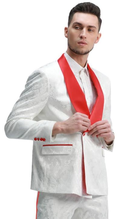 Mens Slim Fit Paisley Pattern Smoking Jacket and Wedding Tuxedo in White and Red