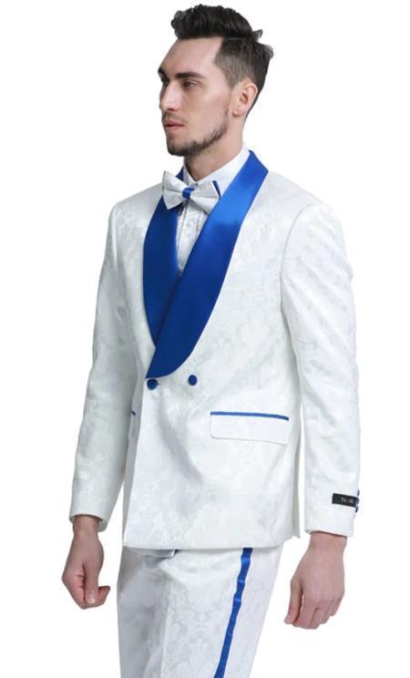 Mens Slim Fit Paisley Pattern Smoking Jacket and Wedding Tuxedo in White and Royal Blue
