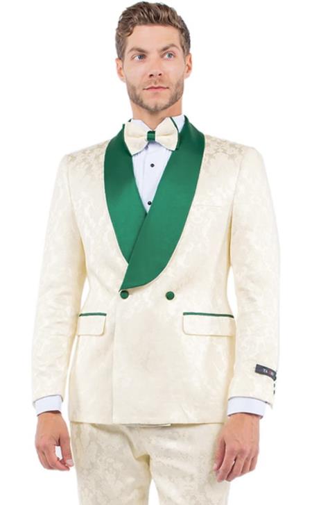 Mens Slim Fit Paisley Pattern Smoking Jacket and Wedding Tuxedo in Ivory and Emerald Green