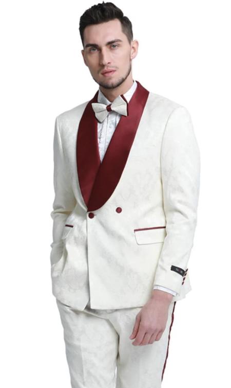 Mens Slim Fit Paisley Pattern Smoking Jacket and Wedding Tuxedo in Ivory and Burgundy