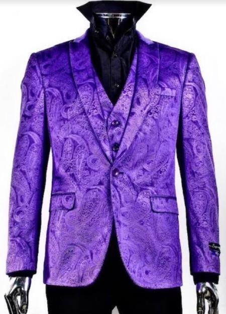 Velvet Paisley Blazer - Comes With Free Vest and Pants - Slim Fit - Purple