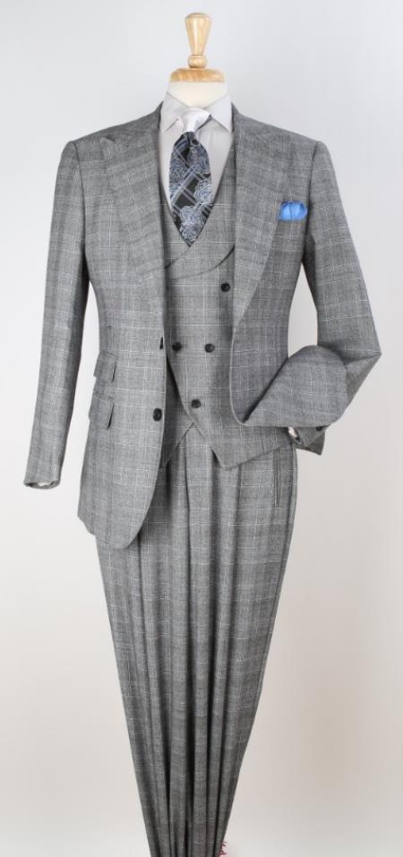 Classic Wool Fabric Fit - Pleated Pants - Peak Lapel With Double Breasted Vest - Athletic Fit Grey Windowpane Mens Suit
