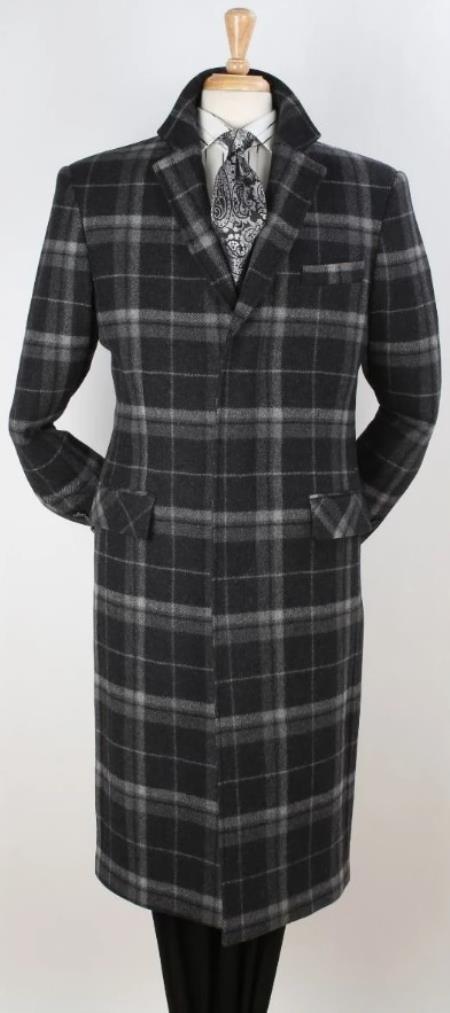 Mens 100% Wool Full Length Length Top Coat - Hidden Button - Black Windowpane
