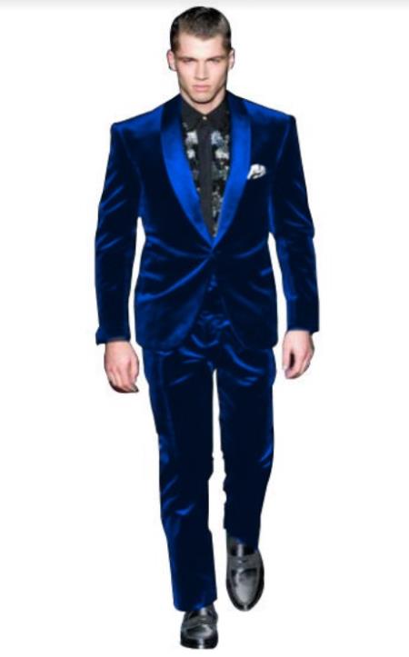 Men's High Fashion Light Royal Blue Shawl Lapel Velvet Suit + Velvet Pants