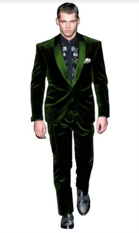 Men's High Fashion Dark Olive Green Shawl Lapel Velvet Suit + Velvet Pants