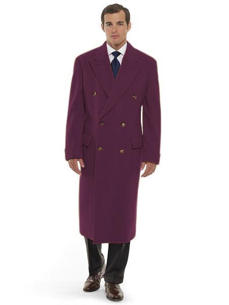 Men's Dress Coat 44 Inch Long Length Burgundy Double Breasted Wool Blend Overcoat
