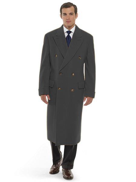 Men's Dress Coat 44 Inch Long Length Dark Grey Double Breasted Wool Blend Overcoat