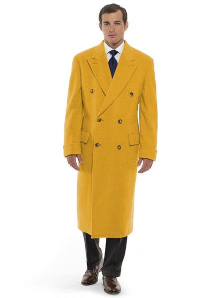 Men's Dress Coat 44 Inch Long Length Gold Double Breasted Wool Blend Overcoat