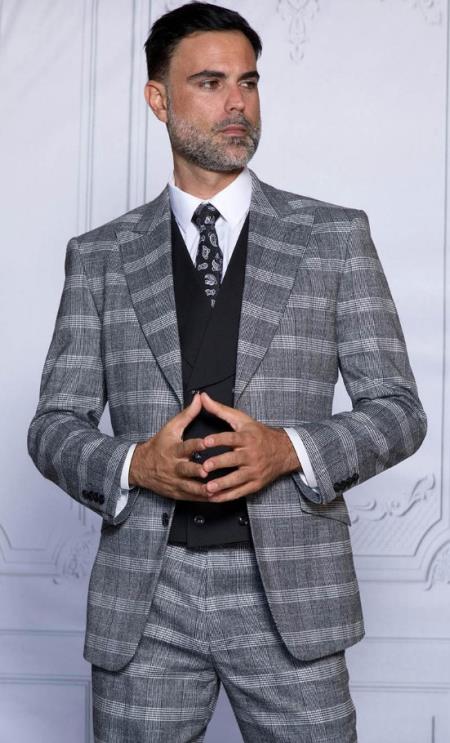Gray Plaid Suit - Glen Plaid With Black Vest - 100% Wool Super 150's Wool Suit - Grey Checkered Suit - 100% Percent Wool Fabric Suit - Worsted Wool Business Suit