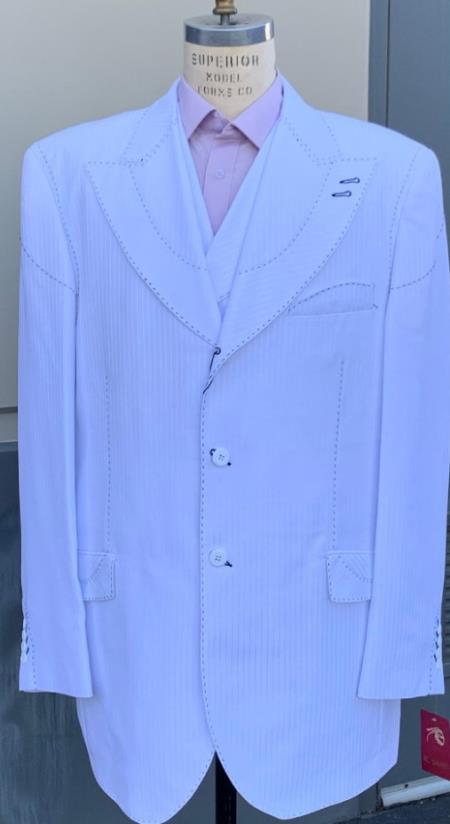 White Tone on Tone Pinstripe  Zoot Suit - Peak Lapel Double Breasted Vest
