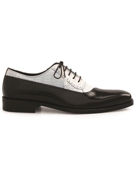 Brand: Mezlan Shoes For Men On Sale Mens Crocodile and Hi-Shine Calfskin Two-Toned Oxford Black ~ White