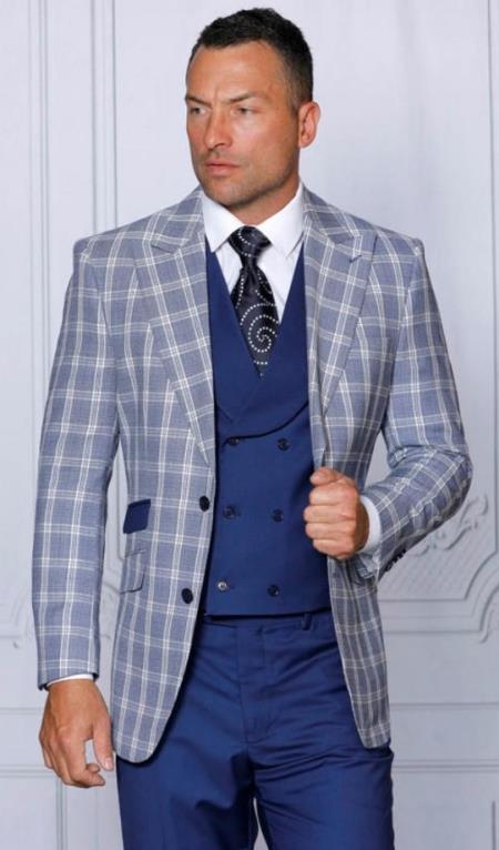 Mens Blue Plaid Peak Lapels Suit Tailor Fit