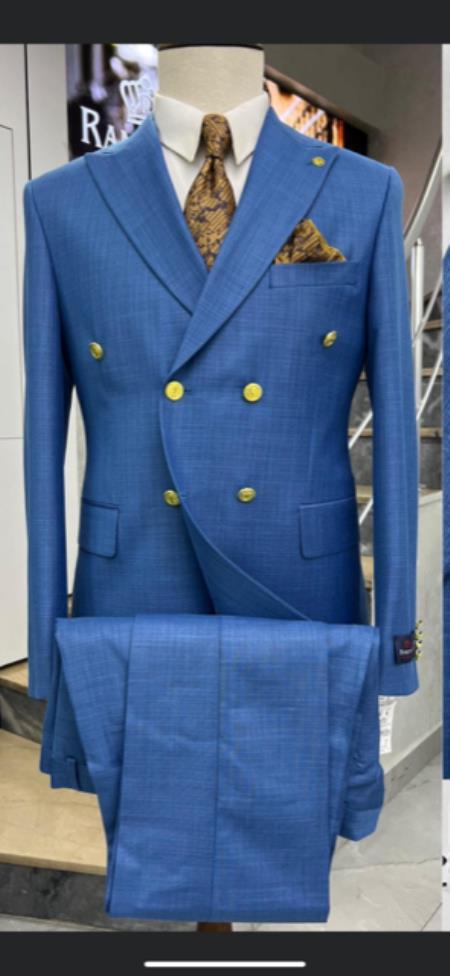 Mens Double Breasted Suits Gold Buttons - 100% Wool Indigo - Sapphire Suit - Double Breasted Blazer