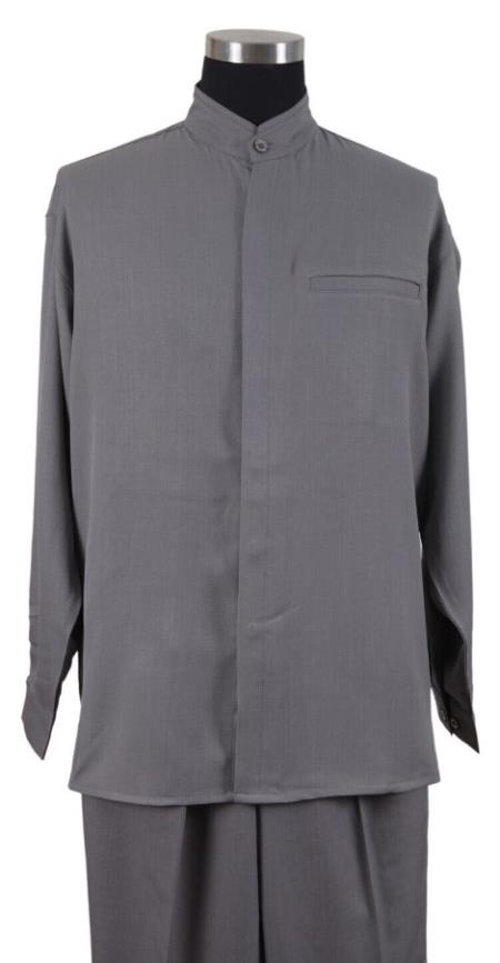 Mens Two Piece Walking Suit Solid Bend Collar Gray