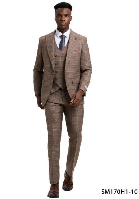 Brown Plaid Suit - Stacy Adams Men's Brown Square 3 Piece Suit Peak Lapel SM170H1-10