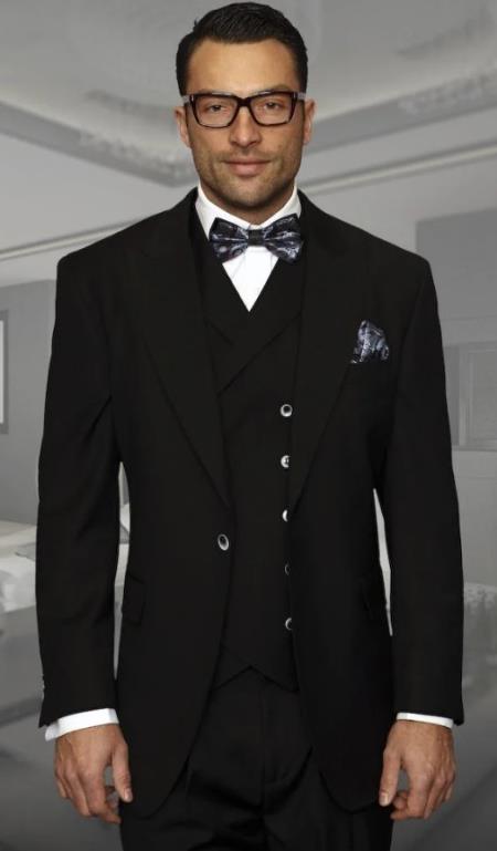 Big and Tall Suits - 100%  Wool Suit - Peak Lapel Classic Fit - Pleated Pants - Black