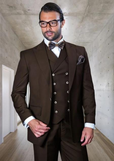 Big and Tall Suits - 100%  Wool Suit - Peak Lapel Classic Fit - Pleated Pants - Brown