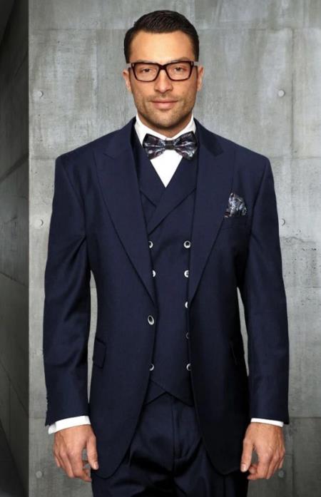 Big and Tall Suits - 100%  Wool Suit - Peak Lapel Classic Fit - Pleated Pants - Navy