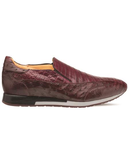Brand: Mezlan Shoes For Men On Sale Genuine Crocodile, Ostrich, and Lizard Slip-On Sneaker Burgundy