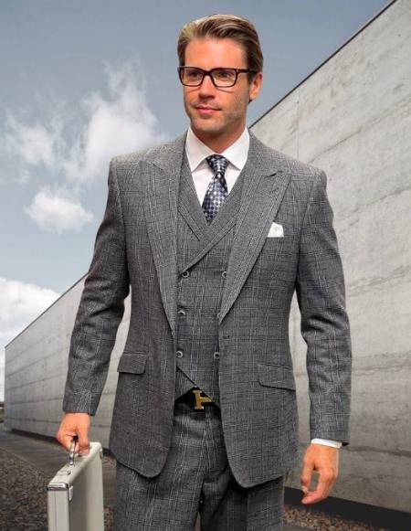 Athletic Suit - Classic Fit Charcoal Grey Windowpane - Plaid Suit Classic Fit Wide Leg Pleated Pants Super 150's Wool Fabric - 100% Percent Wool Fabric Suit - Worsted Wool Business Suit