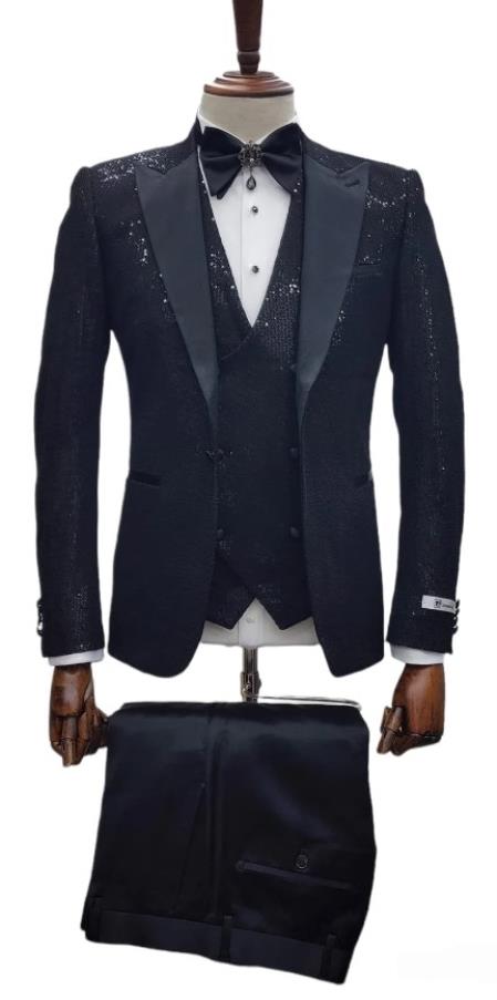 Giovanni Testi Suits - Giovanni Tuxedo Sequin Suit - Shiny Tuxedos - Prom and Wedding Suit - Black