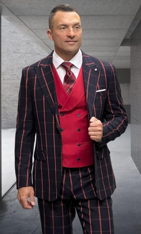 Athletic Suit - Black ~ Red Windowpane - Plaid Suit Modern Fit Side Vented Super 150's Wool Fabric - 100% Percent Wool Fabric Suit - Worsted Wool Business Suit
