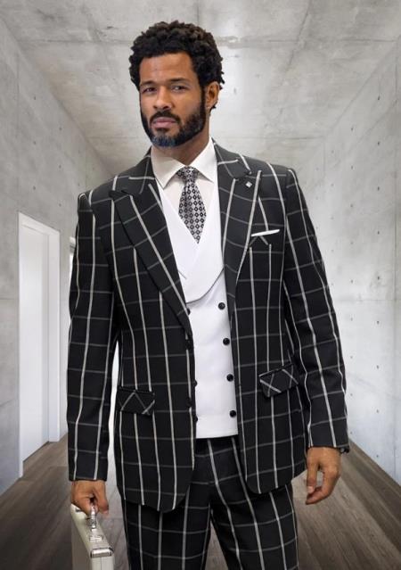 Athletic Suit - Black ~ White Windowpane - Plaid Suit Modern Fit Side Vented Super 150's Wool Fabric - 100% Percent Wool Fabric Suit - Worsted Wool Business Suit